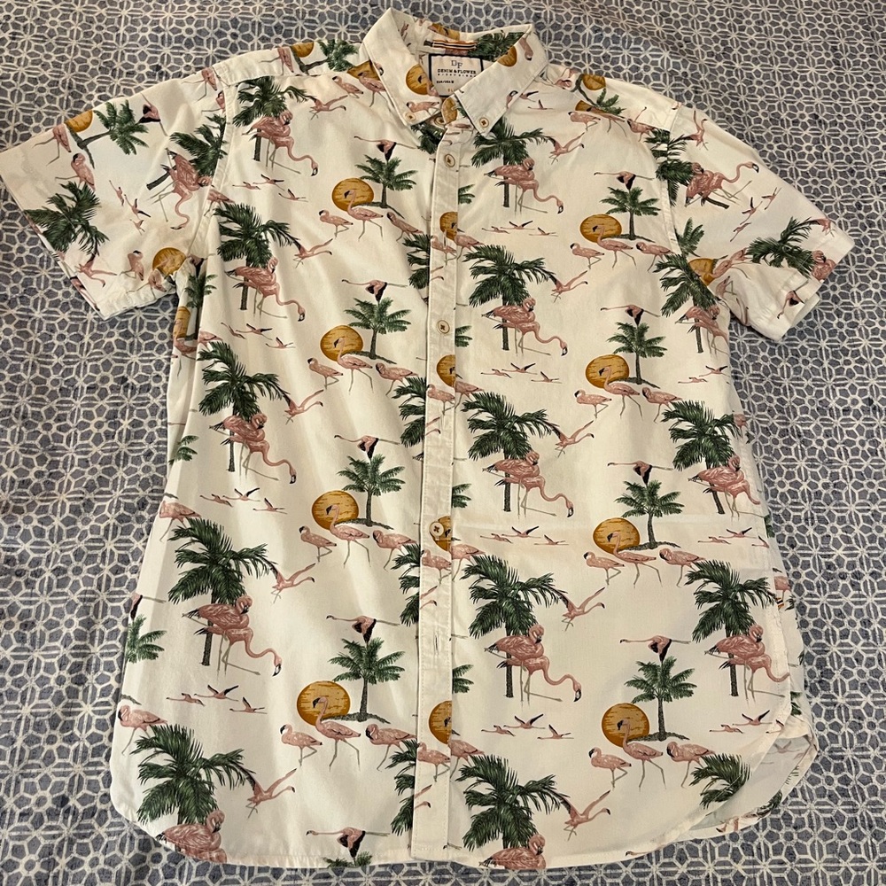 Denim and flower flamingo button down